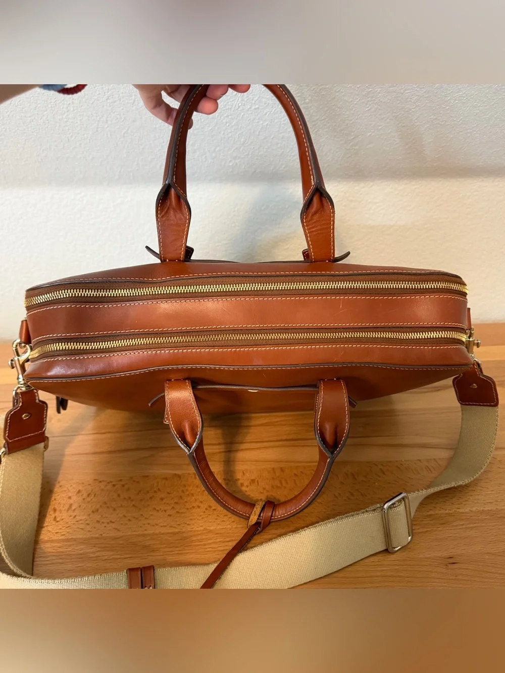 Dooney & Bourke Cognac Double Zip Leather Briefcase Messenger Bag Laptop